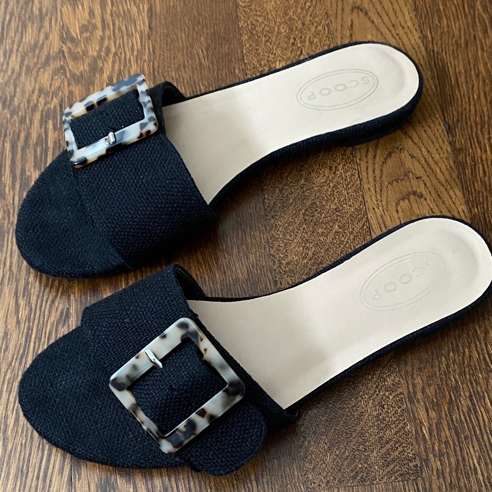 Scoop Black Slide Sandals with Tortoise Buckle